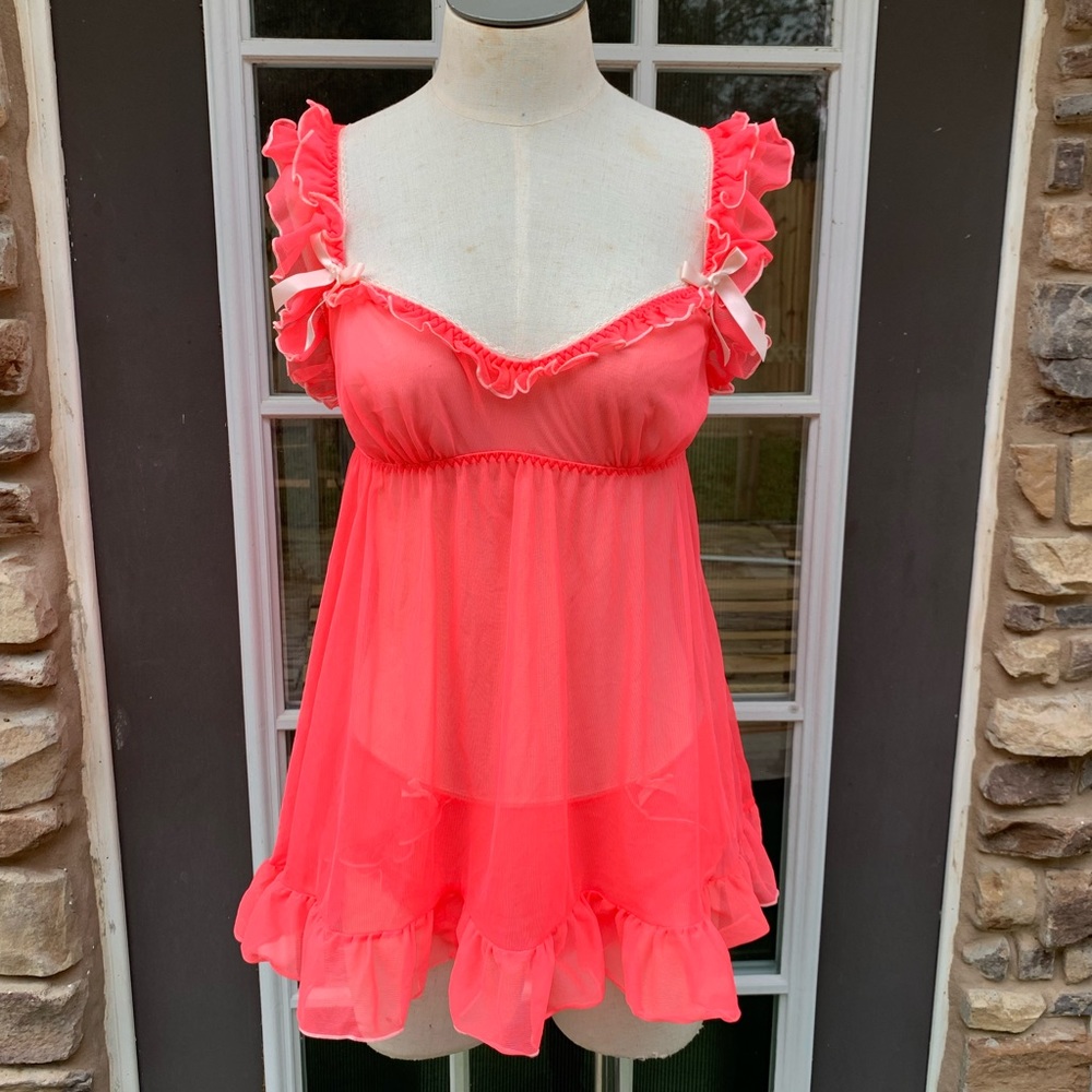 Victorias Secret 2pc Neon Pink Babydoll Ruffle Nightie Lingerie Lolita M